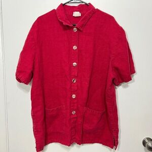Womens 100% Linen Red Short Sleeve Button Up Shirt 2XL Made in‎ USA Lagenlook